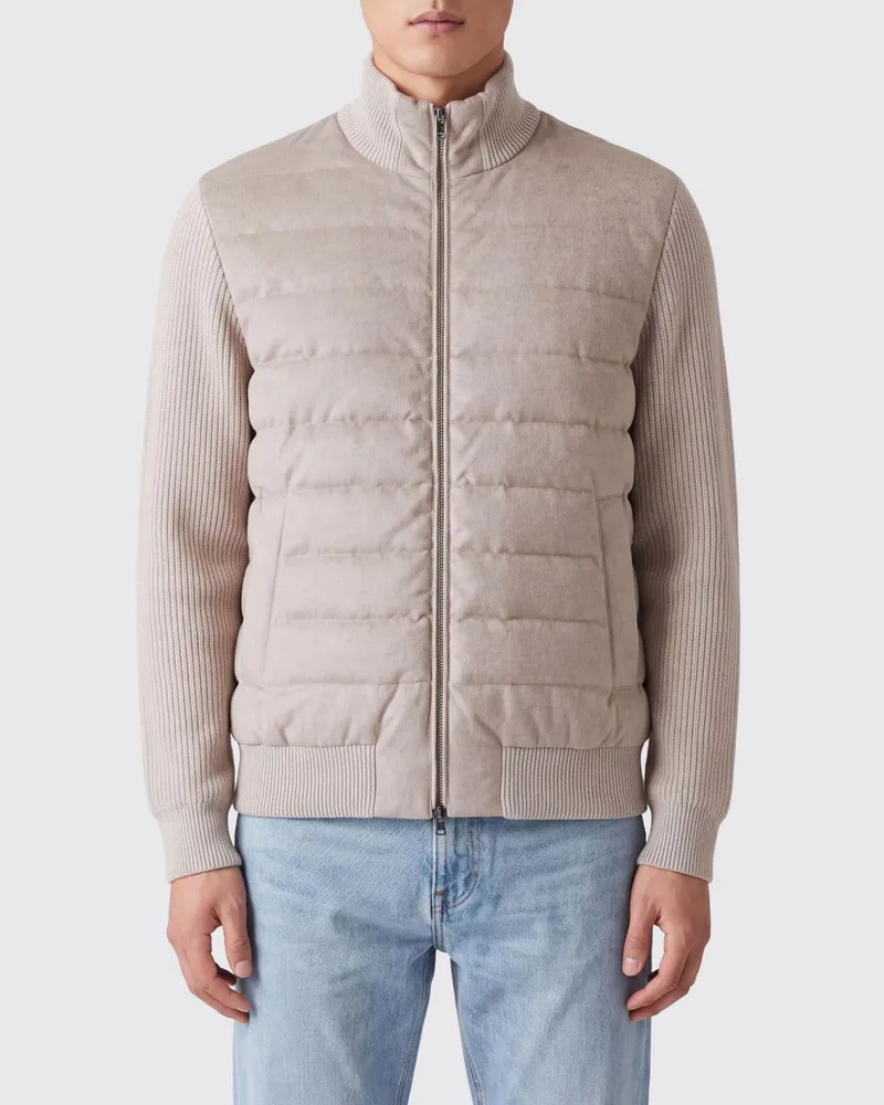 Herno Gefütterter Wollflanell-Cardigan mit Stehkragen und Reißverschluss Sand