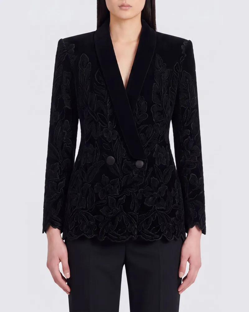 Balmain zweireihiger Samtblazer mit Blumenstickerei und Schalkragen Schwarz
