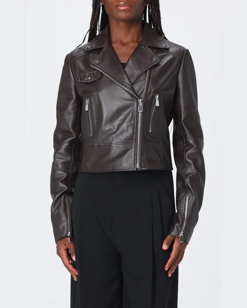 Pinko Kurze Bikerjacke New Sensibile aus Lammnappa mit asymmetrischem Reißverschluss Braun