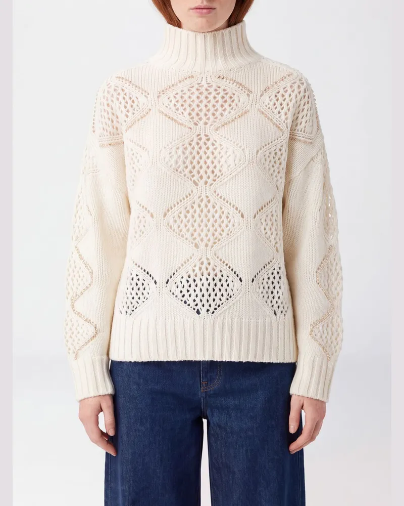 Liu Jo Lochstrick-Rollkragenpullover aus Wollmischung mit Rückenlogo Weiß
