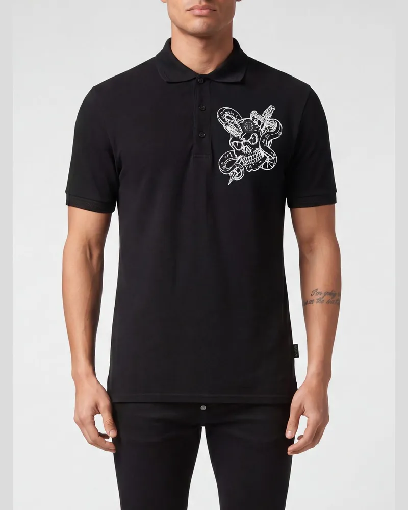 Philipp Plein Kurzärmeliges Baumwoll-Poloshirt mit Allover-Monogramm-Print Schwarz