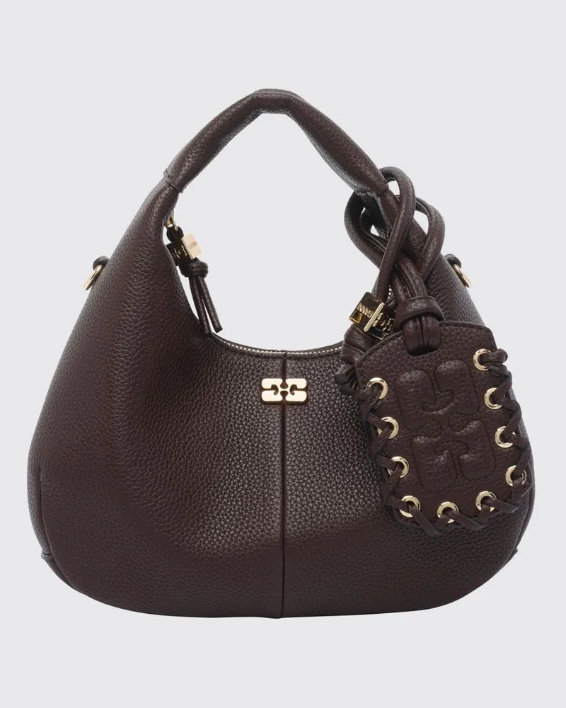 Ganni Hobo-Tasche aus recyceltem Stoff mit Monogrammmuster und Schmetterlingsanhänger Braun