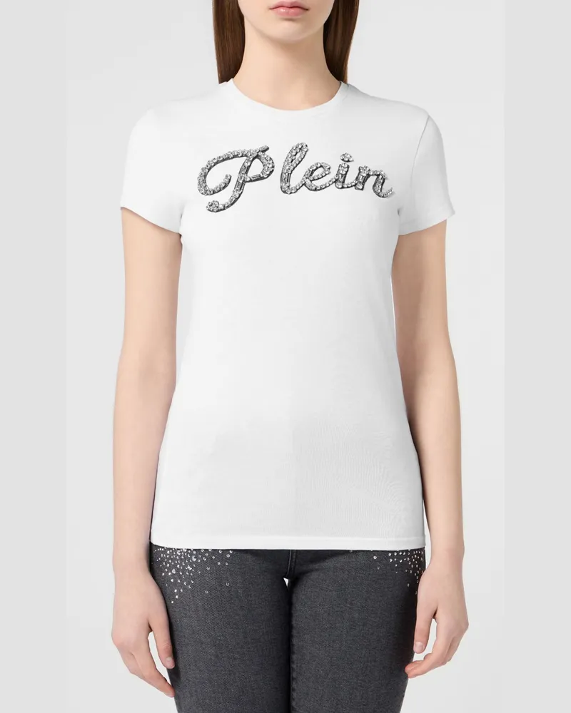Philipp Plein Slim-Fit-T-Shirt aus Baumwolle mit besticktem Strass-Logo Weiß