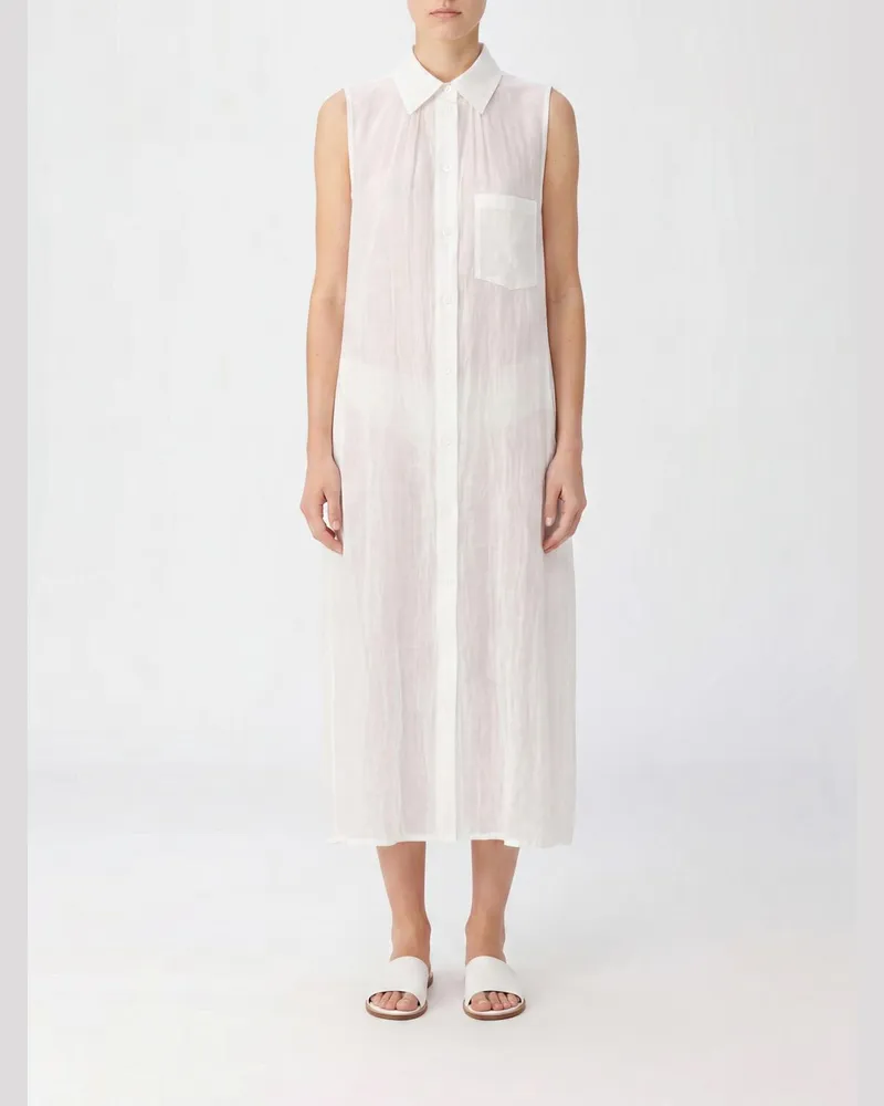 Yohji Yamamoto Midi-Hemdblusenkleid aus reinem Leinen mit Off-Shoulder-Design und französischem Kragen Weiß