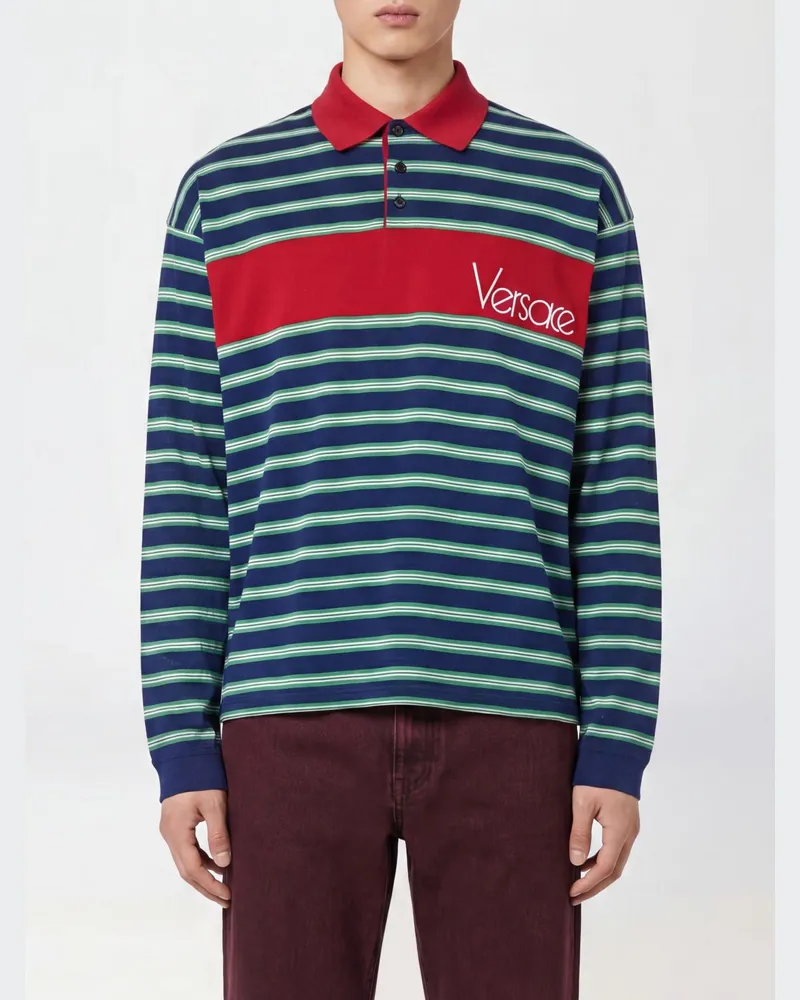 Versace Gestreiftes Langarm-Poloshirt aus Baumwolle mit geripptem Kragen Grün