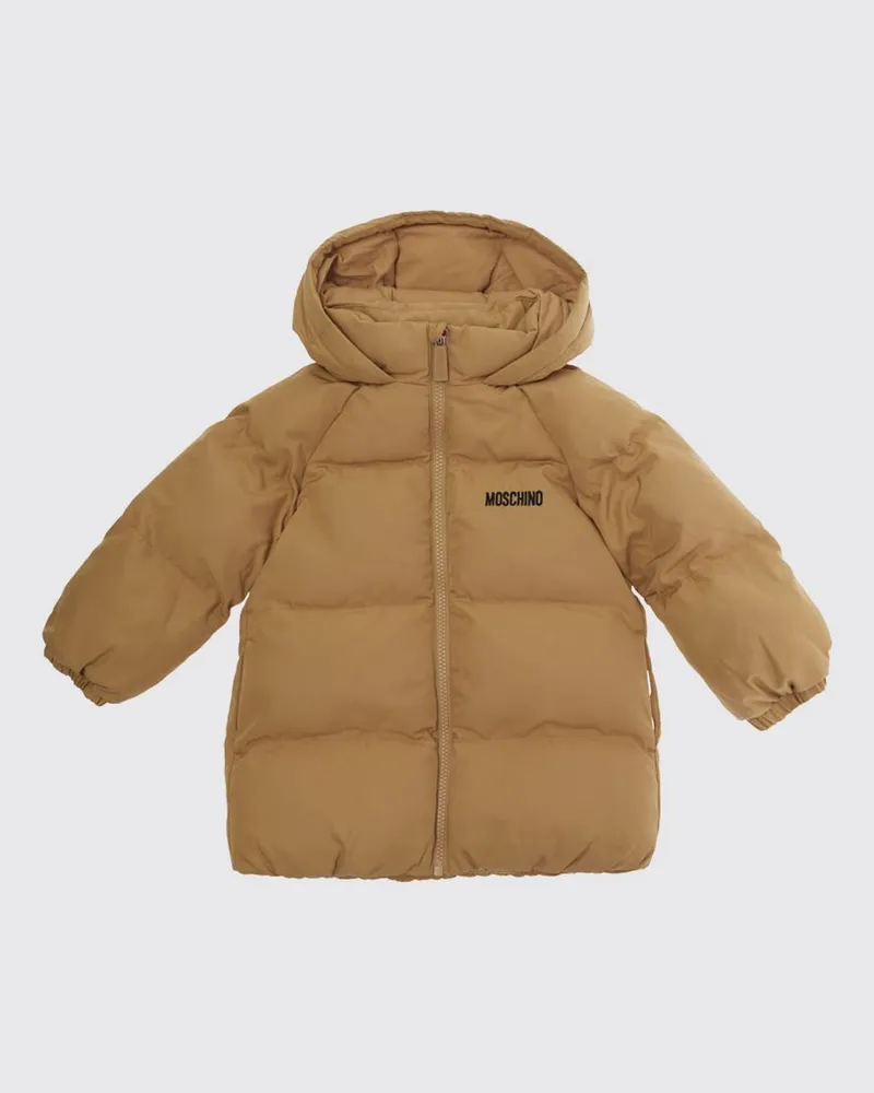 Moschino Gesteppte Nylon-Daunenjacke für Jungen mit Kapuze und Allover-Teddy-Print Braun