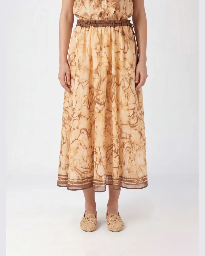 Zimmermann A-Linien-Midi-Rock aus Ramie mit abstraktem Druck und hoher Taille Beige