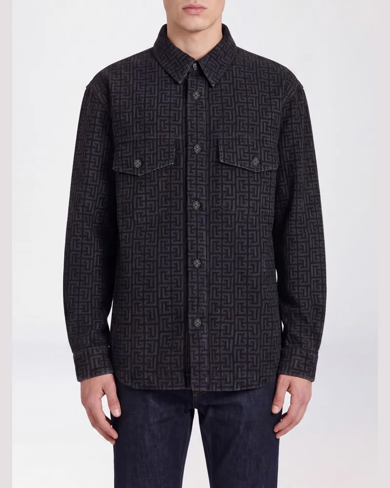 Balmain Baumwollhemd mit durchgehendem PB Labyrinth-Monogramm Schwarz