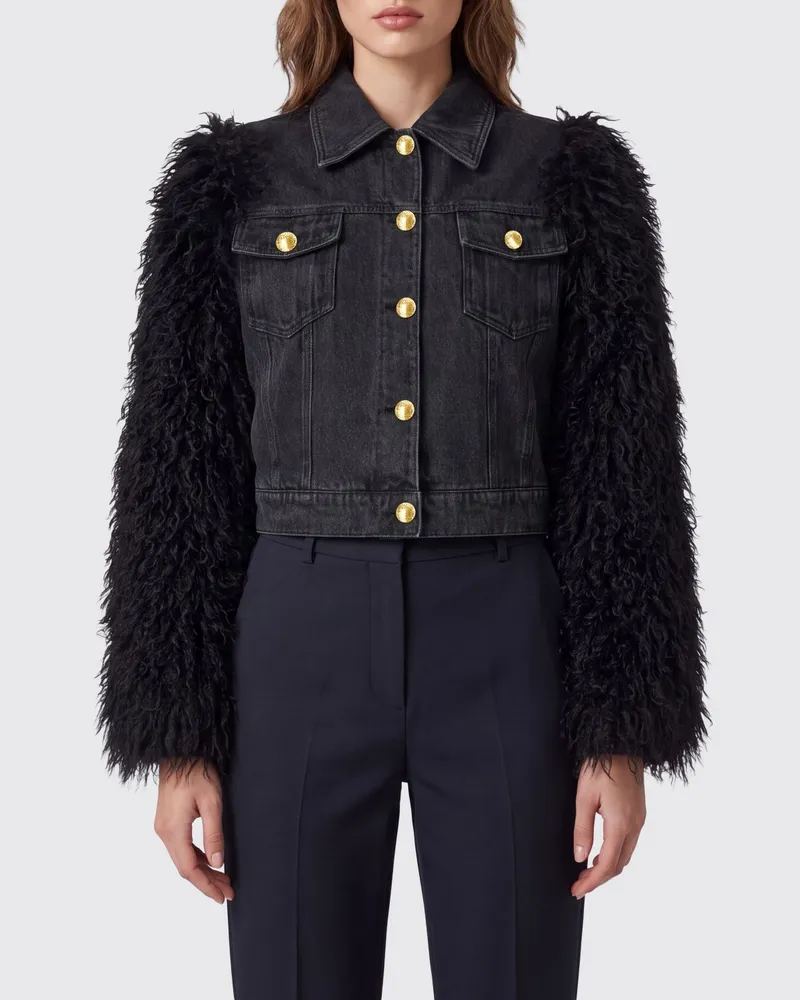 Twin-Set Jeansjacke aus Baumwolle mit Kunstpelzdetails Schwarz