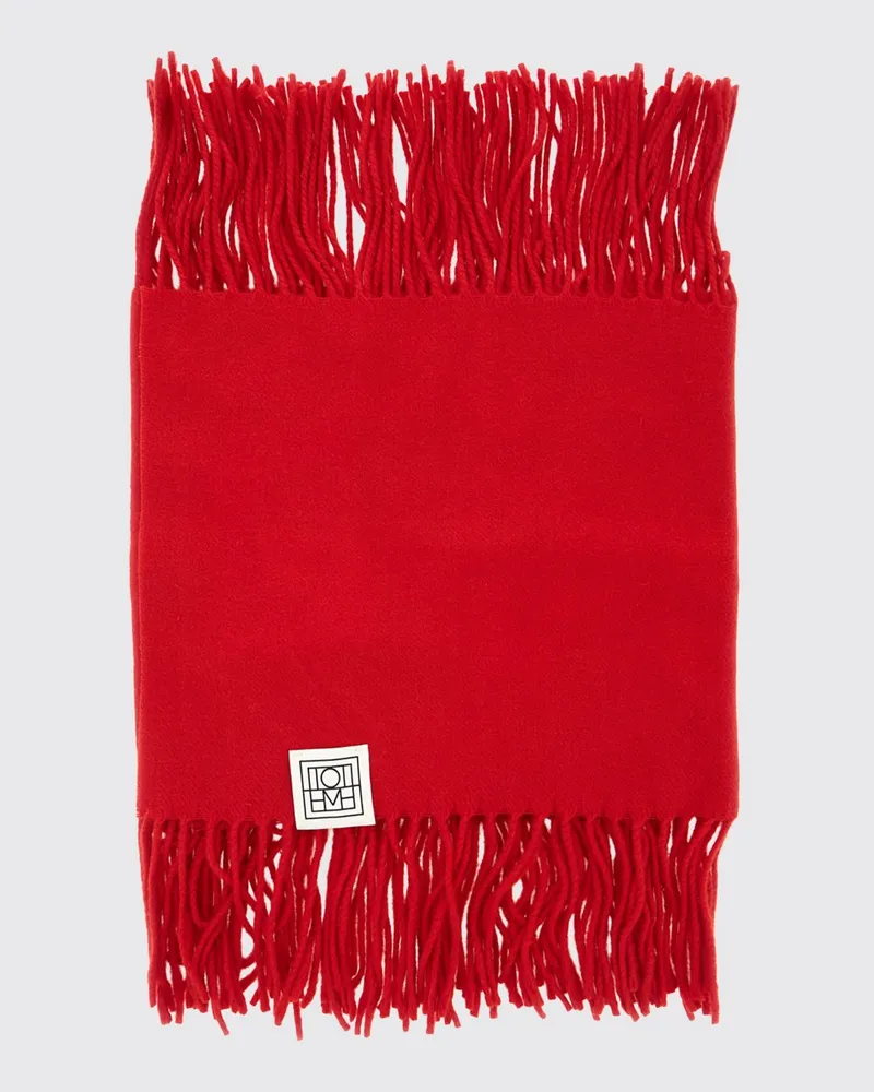 Totême Schal aus Woll- und Kaschmirmischung mit Fransen und aufgesetztem Logo Rot