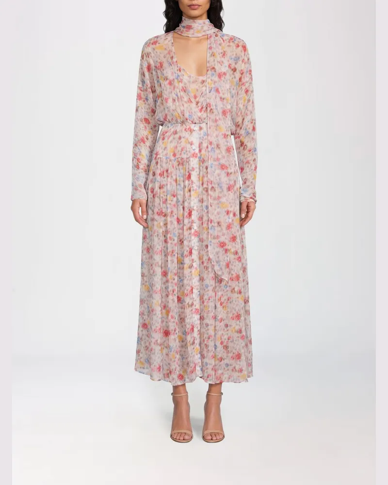 Ganni Plissiertes Midi-Kleid aus geblümtem Seidenchiffon mit Schluppenkragen Bunt