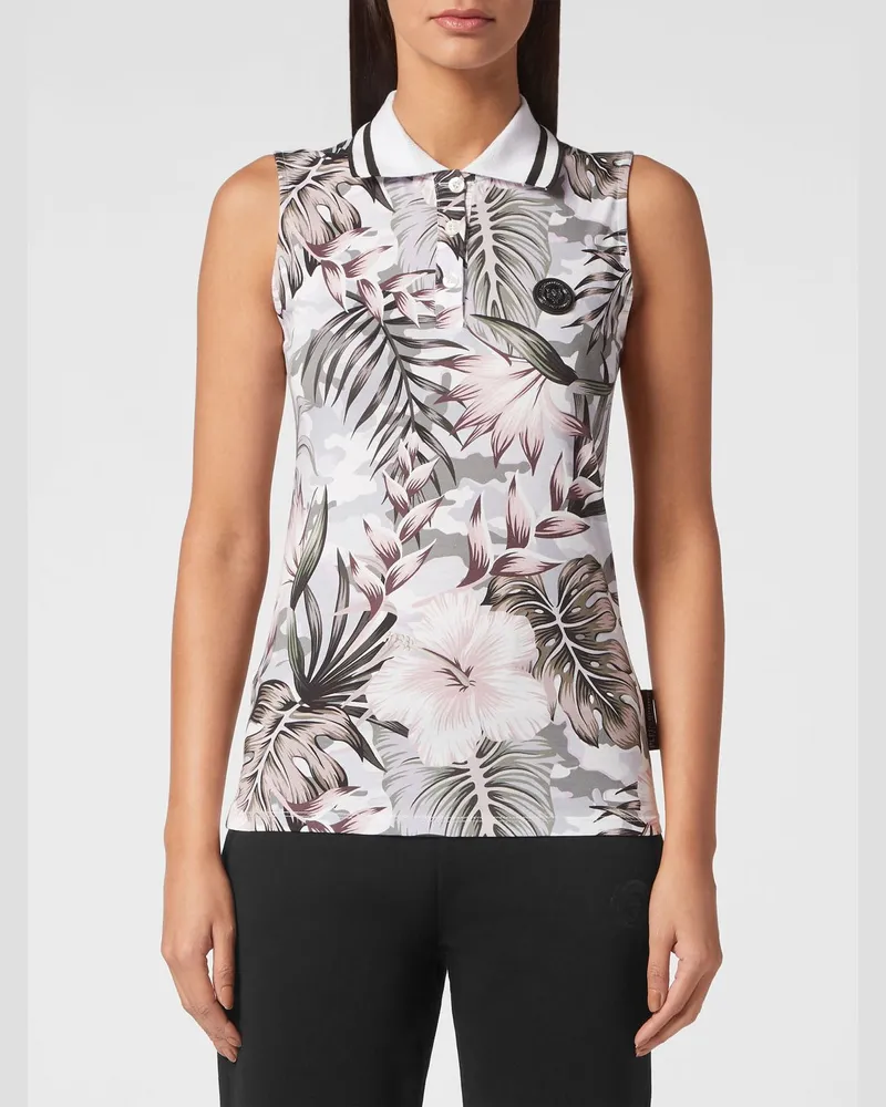 Philipp Plein Ärmelloses Baumwoll-Polohemd mit Blumen- und Tropen-Print Bunt
