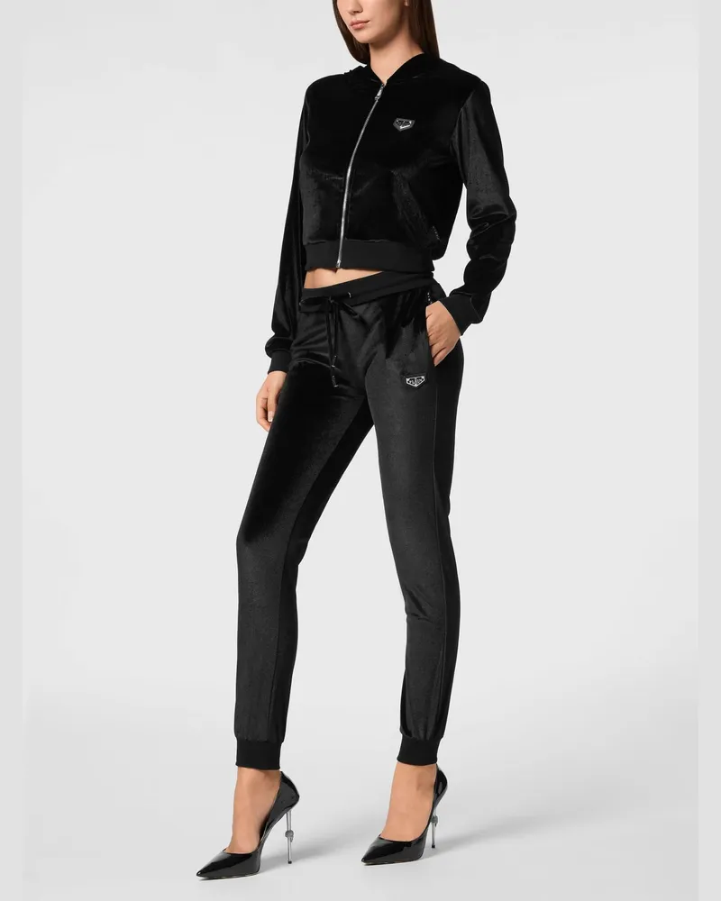 Philipp Plein Cropped-Samt-Kapuzenjacke mit Reißverschluss und Totenkopf-Strass Schwarz