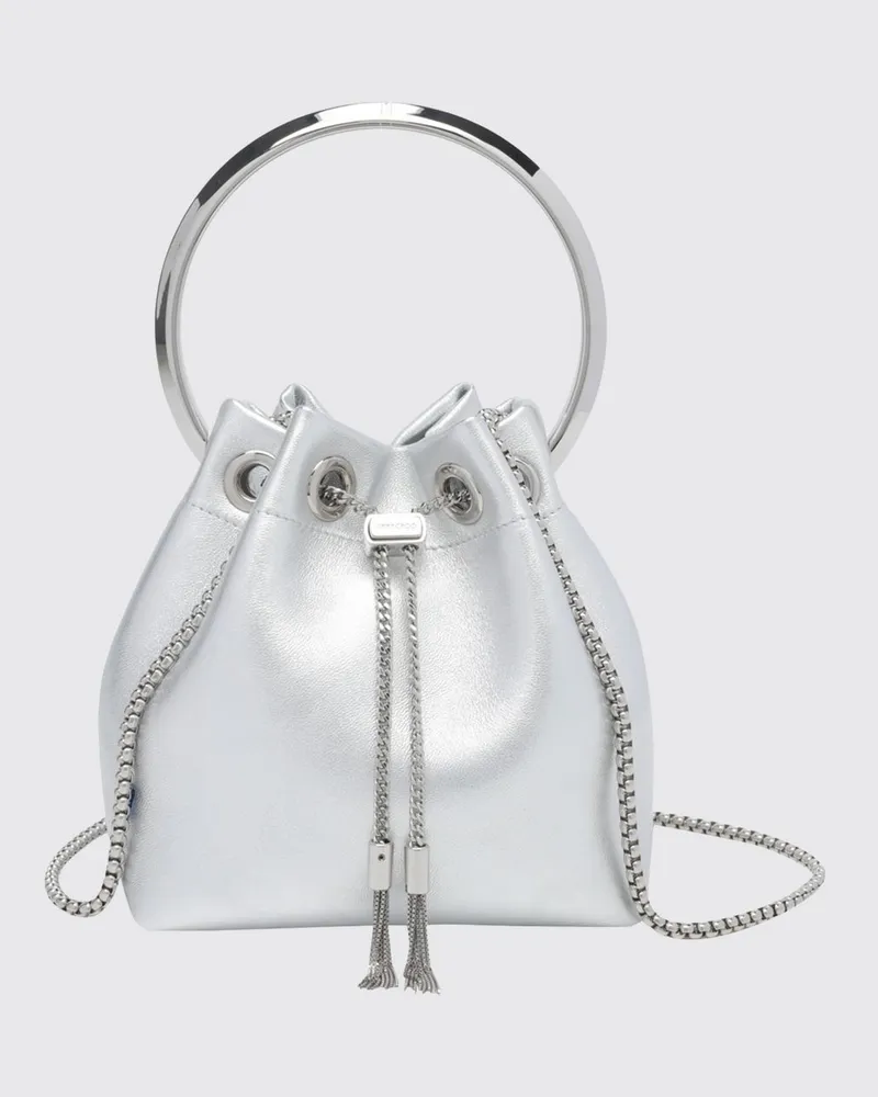 Jimmy Choo Bon Bon Mini-Tasche aus laminiertem Nappaleder mit Metallgriff Silber