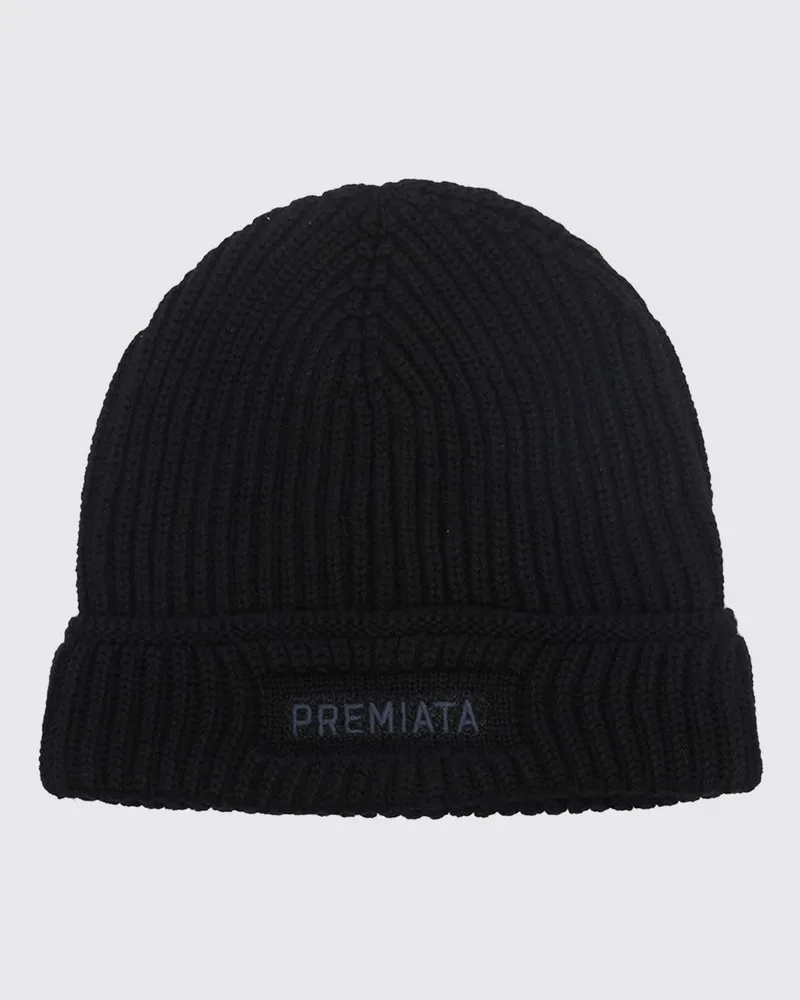 Premiata Beanie-Mütze aus reiner Merinowolle mit Kontrastlogo und Umschlag Schwarz