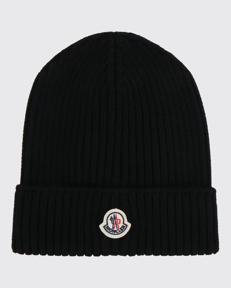Moncler Gerippte Beanie-Mütze für Kinder aus reiner Wolle mit Logo-Patch Schwarz