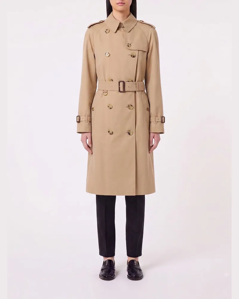 Burberry Zweireihiger Baumwoll-Trenchcoat mit Gürtel und Schulterklappen Beige