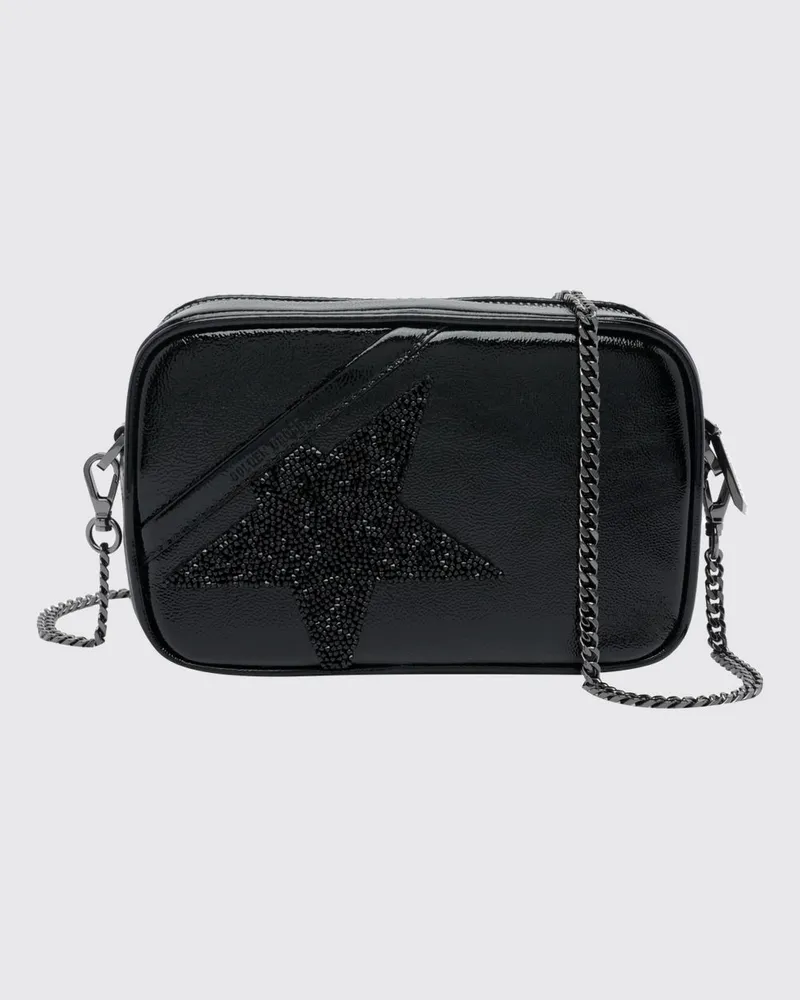 Golden Goose Mini Star Leder-Kameratasche mit Glitzer-Logo und Kettenriemen Schwarz