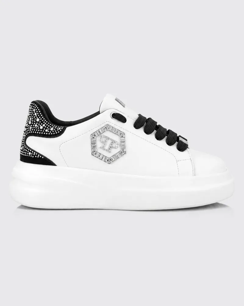 Philipp Plein Chunky-Sneaker aus Leder mit Hexagon-Logo und Strass Weiß
