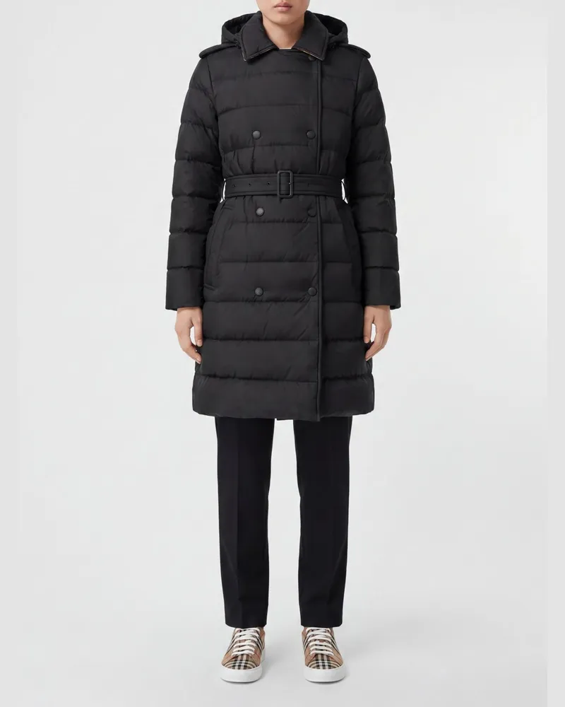 Burberry Zweireihiger Stepp-Daunenmantel aus Nylon mit Kapuze und Gürtel Schwarz