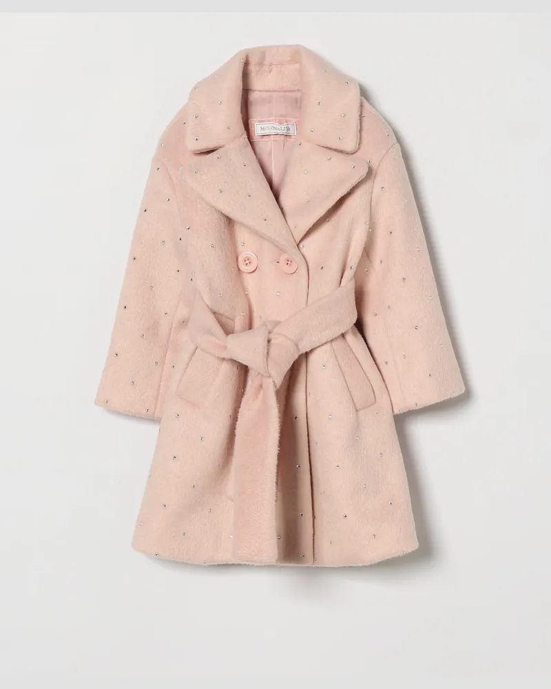 Monnalisa Zweireihiger Wollmischmantel für Mädchen mit Gürtel und Stickerei Pink