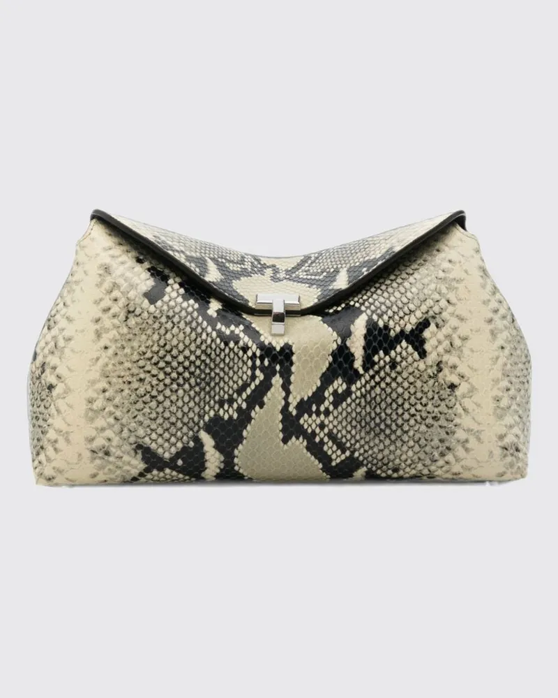 Totême T-Lock Clutch aus Leder mit Python-Print und Metallverschluss Ecru