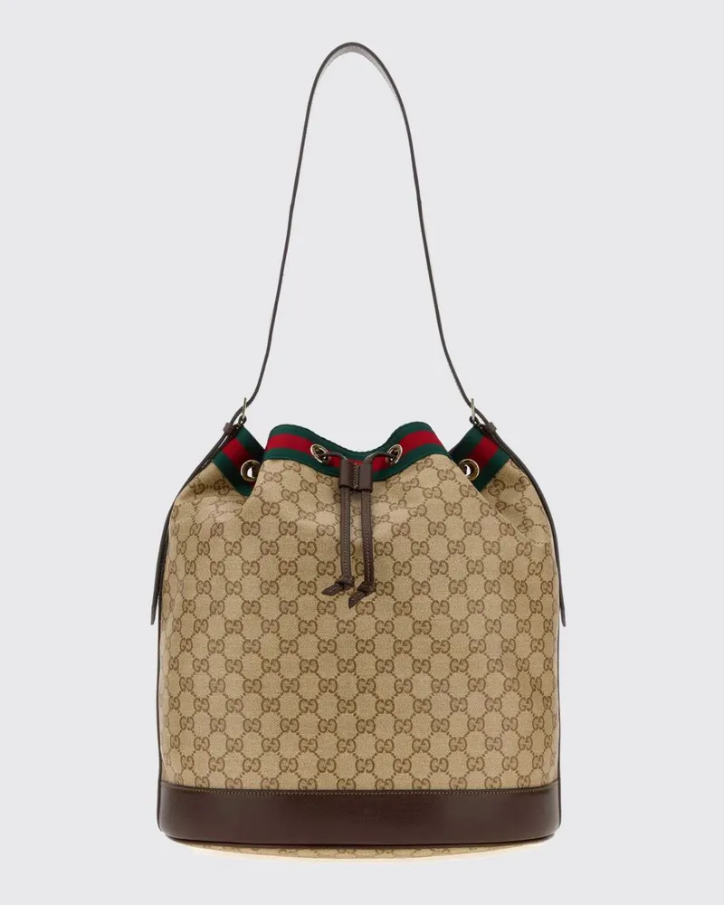 Gucci Venice Bucket Bag aus GG-Jacquard-Stoff mit Ledergriff Beige