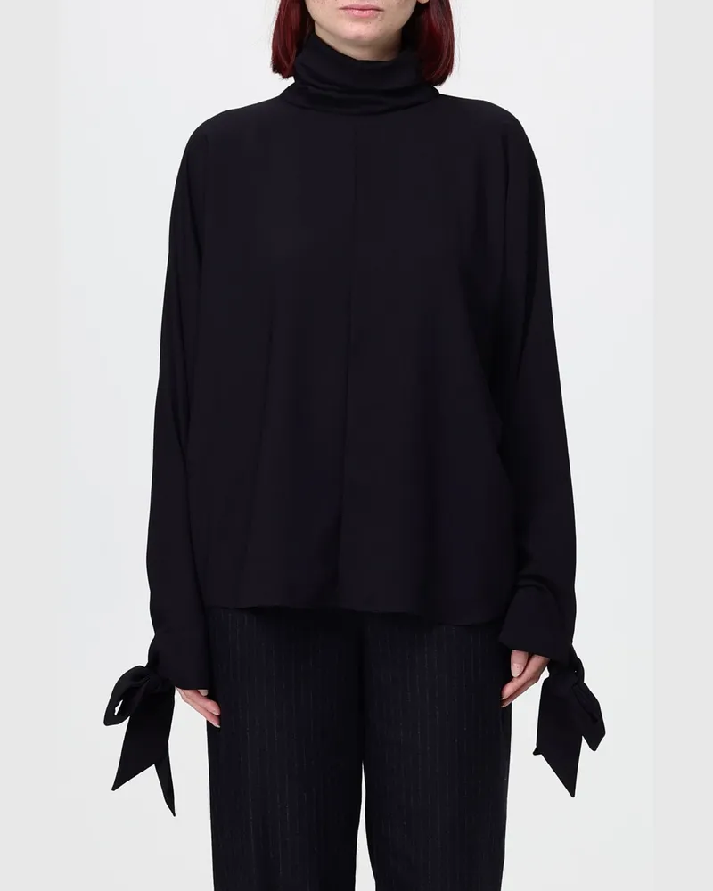 Emporio Armani Crêpe-Bluse mit Stehkragen und Spitzeneinsätzen Schwarz