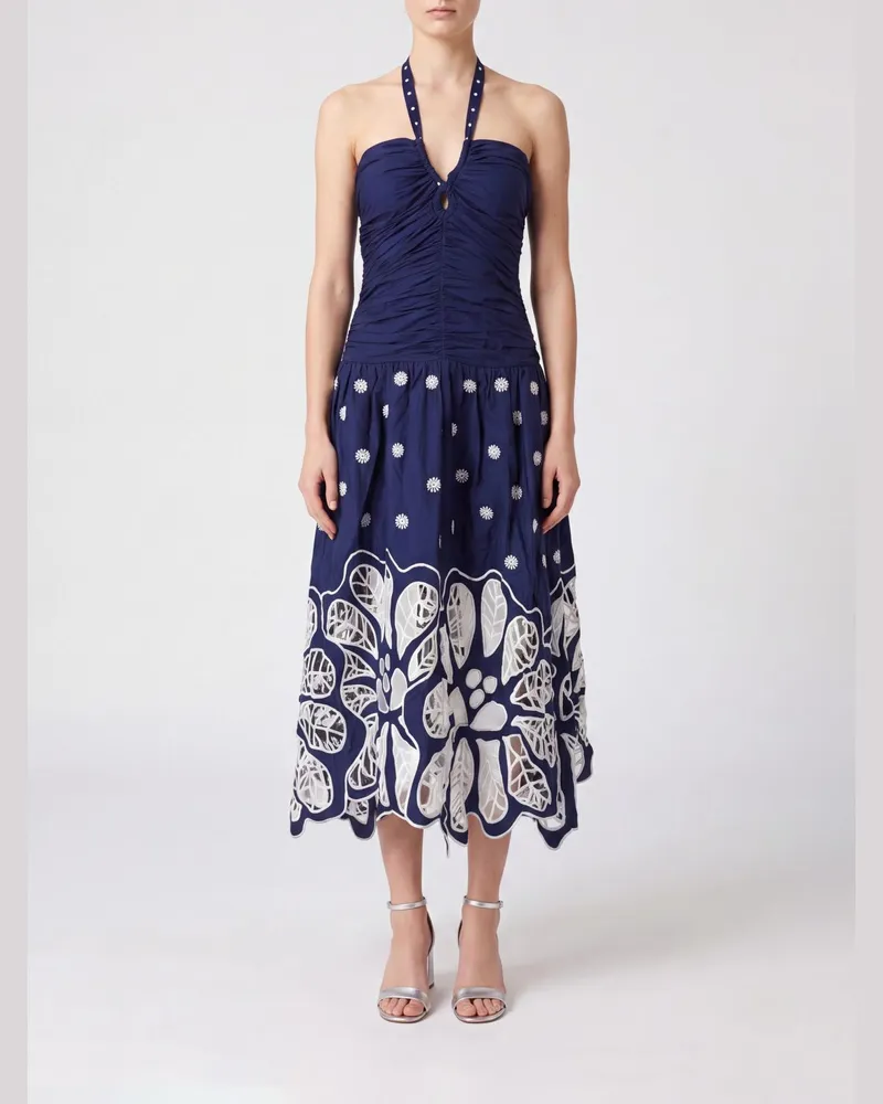 FARM Rio Richelieu Midikleid aus Baumwolle mit Blumenmuster und Neckholder Blau