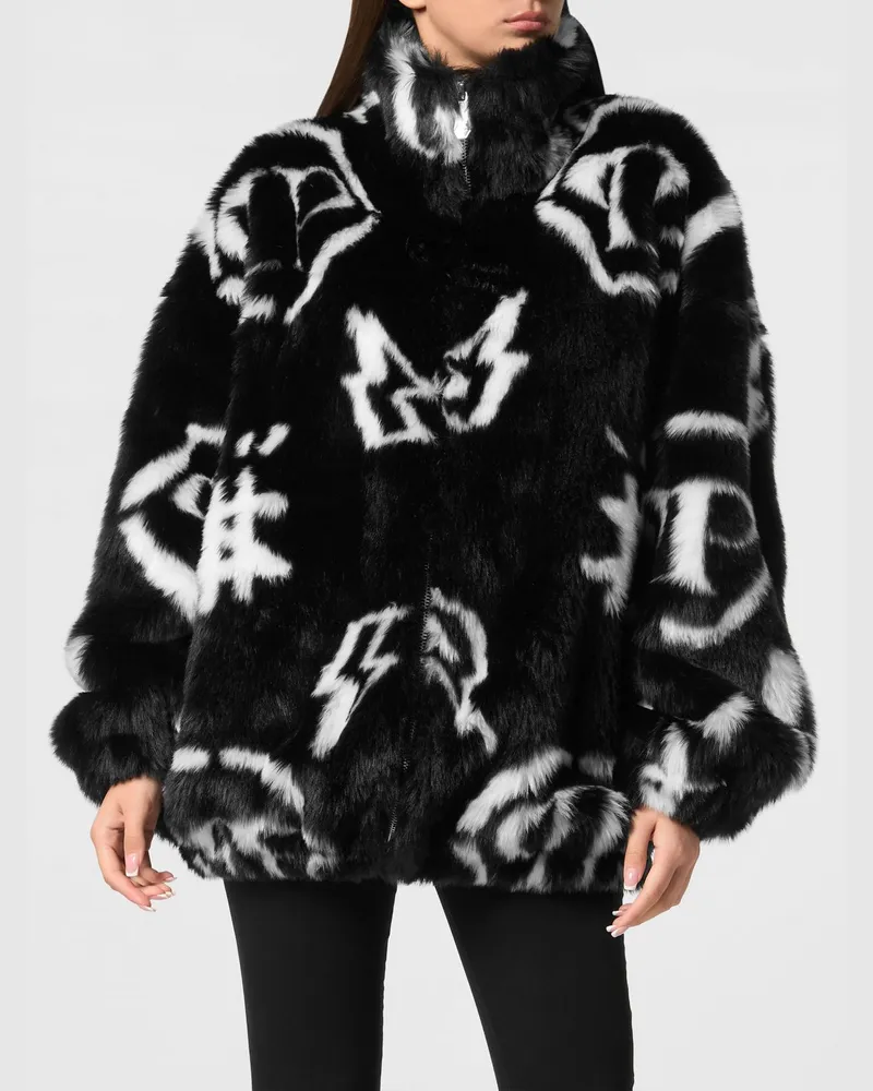 Philipp Plein Kurze Webpelzjacke mit Grafikprint und Stehkragen Schwarz