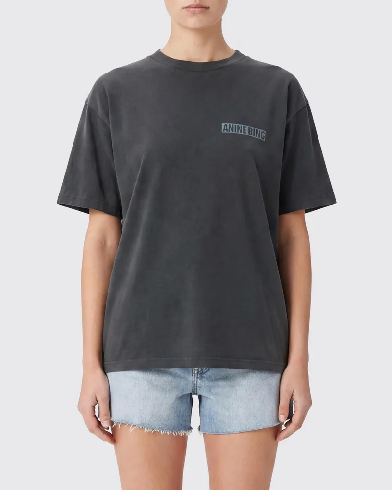 Anine Bing Baumwoll-T-Shirt mit Grafikdruck und überschnittenen Schultern Schwarz