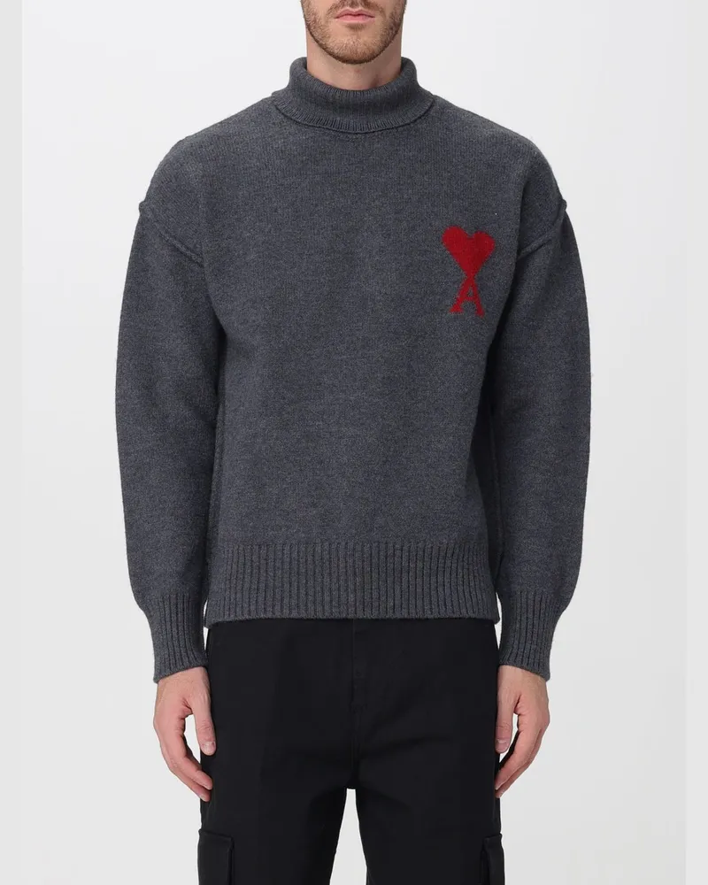 AMI Paris Rollkragenpullover aus Wolle mit Jacquard-Logo und überschnittenen Schultern Grau