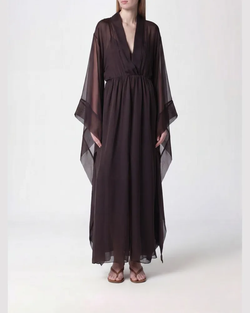 Alberta Ferretti Langer Seidenkaftan mit V-Ausschnitt und weiten Ärmeln Braun