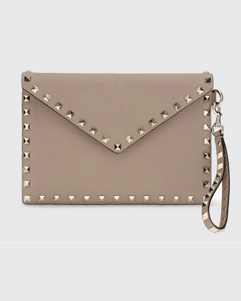 Valentino Garavani Rockstud Pouch aus genarbtem Kalbsleder mit Nieten und Griff Puder