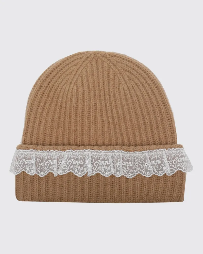 Ganni Beanie mit Umschlag von aus Woll-Yak-Mischung mit Stickerei Beige