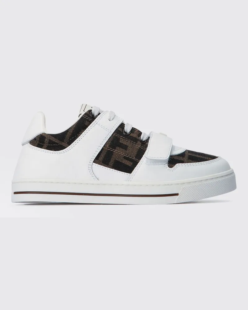 Fendi Low-Top-Sneakers für Jungen aus Kalbsleder mit FF-Jacquard-Stoffeinsätzen Weiß