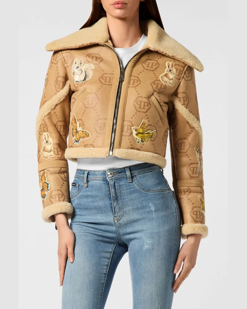 Philipp Plein Gecroppte Shearling-Jacke von mit Schmetterlings-Print und Pelzkragen Beige