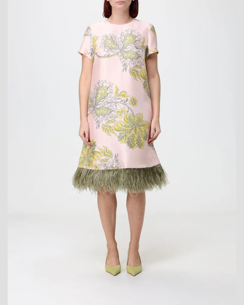 La DoubleJ Midi-Abendkleid aus Seide mit Blumendruck und Federn Pink