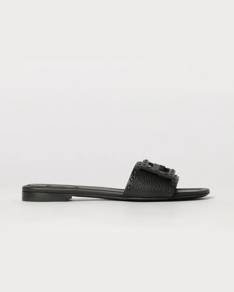 Fendi Flache Sandalen Baguette von aus genarbtem Leder mit FF-Monogramm Schwarz