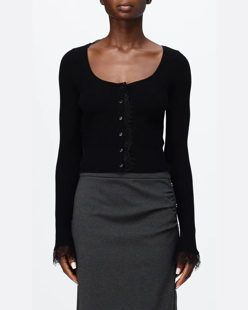 Pinko Slim-Fit-Cardigan aus Seide und Kaschmir mit Spitzeneinsätzen Schwarz