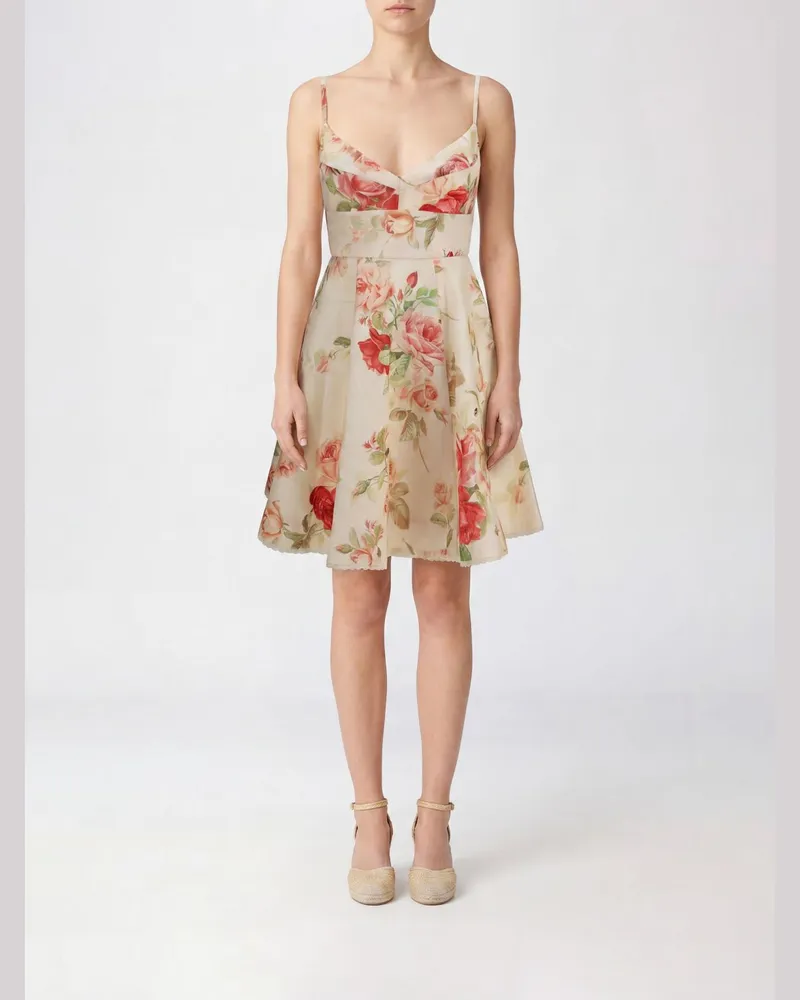 Zimmermann Roselight Minikleid von aus geblümtem Leinen mit dünnen Trägern und hoher Taille Cream