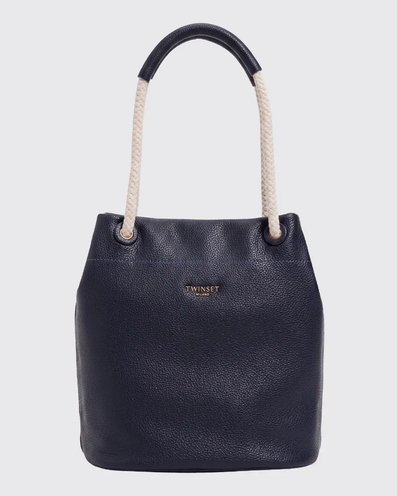 Twin-Set Schultertasche aus genarbtem Kunstleder mit doppeltem Henkel und Metall-Logo Navy