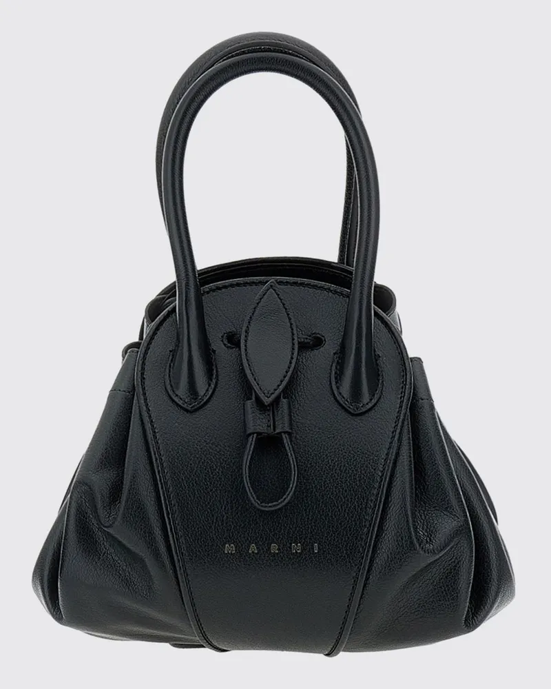 Marni Kleine Handtasche aus Büffelleder mit doppeltem Griff und Kordelzug Schwarz