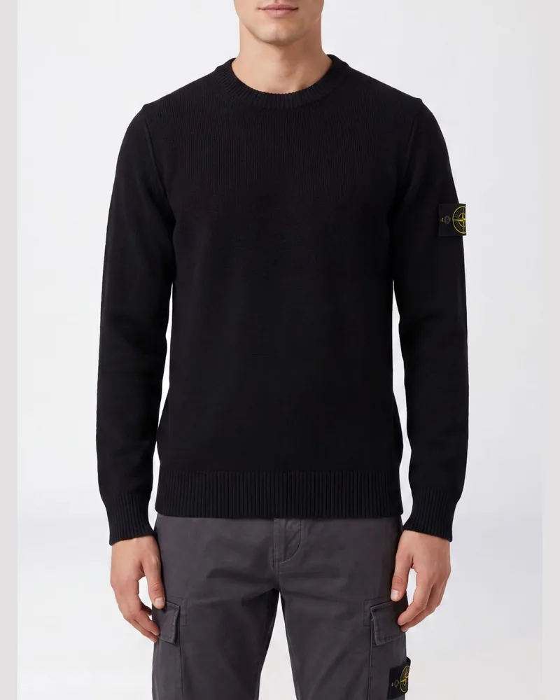 Stone Island Rundhalspullover aus Schurwolle mit Compass-Logo-Patch Schwarz