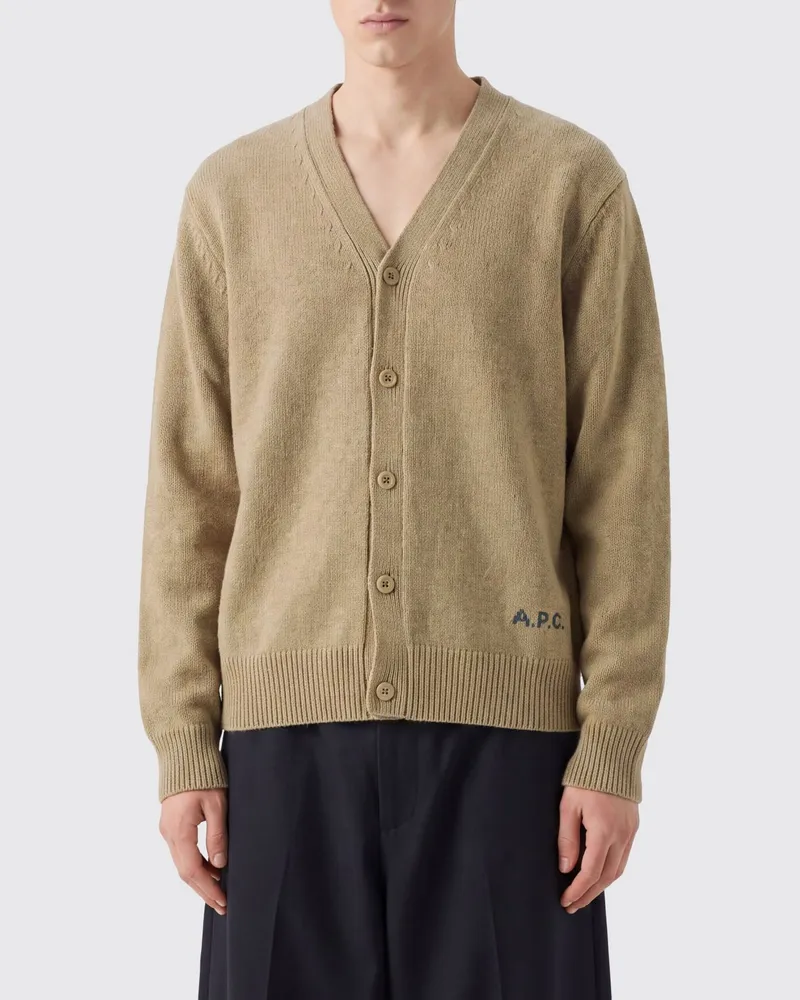 A.P.C. V-Ausschnitt Cardigan aus reiner Wolle mit Kontrastlogo Beige