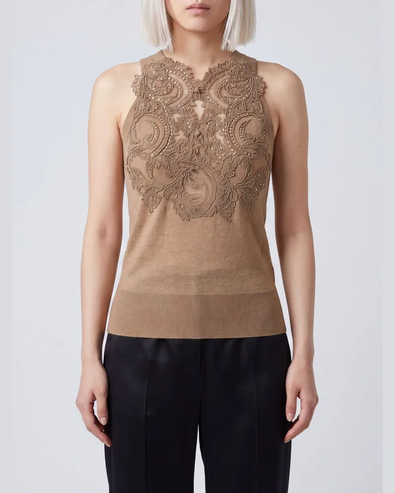 Ermanno Scervino Slim Fit Top von aus Schurwolle mit V-Ausschnitt und Perlenstickerei Beige