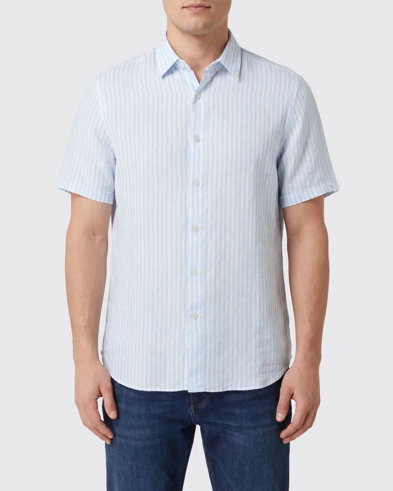 120% Lino Gestreiftes Slim Fit Leinenhemd mit kurzen Ärmeln Blau