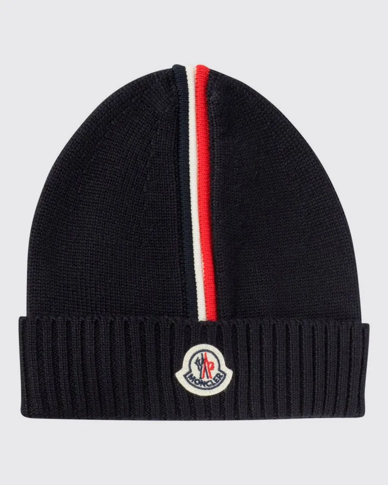 Moncler Mütze aus Wolle für Jungen mit zweifarbigen Streifen und Logo-Patch Blau