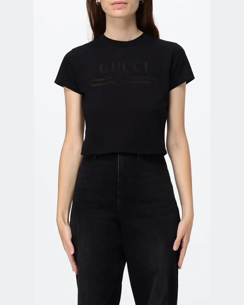 Gucci Cropped-T-Shirt aus Baumwolle mit Logo-Print und Slim-Fit-Passform Schwarz