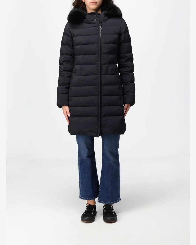 Peuterey Knielange gesteppte Nylon-Daunenjacke mit Shearling-Kapuze Schwarz